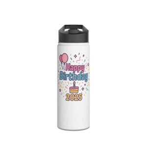 18oz Personalized Birthday Bottle – “Happy Birthday 2025” Confetti Design with Cake & Balloons