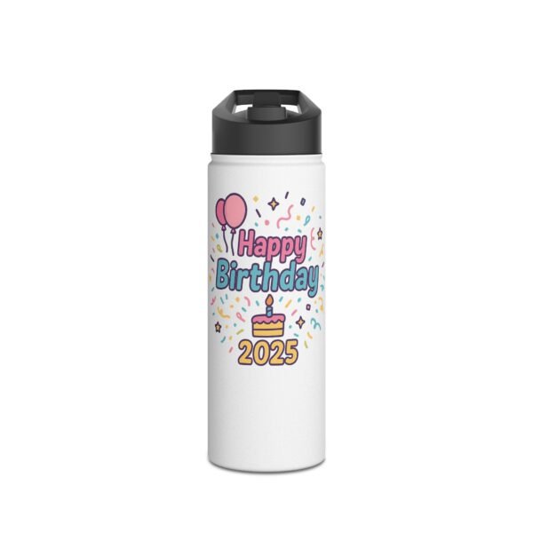 18oz Personalized Birthday Bottle – “Happy Birthday 2025” Confetti Design with Cake & Balloons