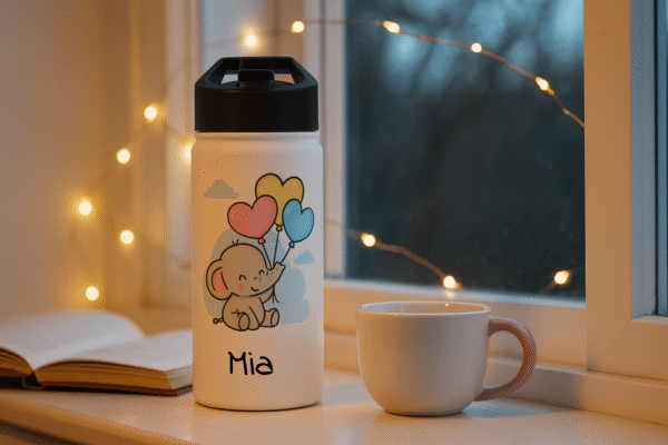12 oz Custom Kids Bottle – Baby Elephant with Balloons Design - Image 6