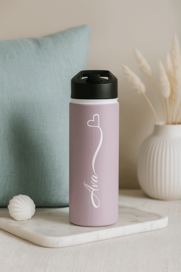 18oz Lavender Personalized Bottle – Name with Heart Design in White - Image 6