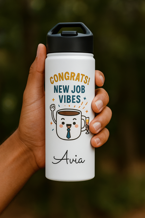 18oz Personalized Bottle – “Congrats! New Job Vibes” with Coffee Mug Character - Image 6