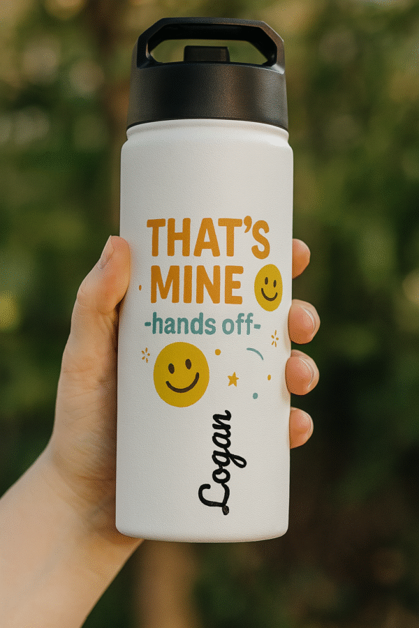 18oz Personalized Bottle – “That’s Mine / Hands Off” Design with Smiley Faces - Image 4