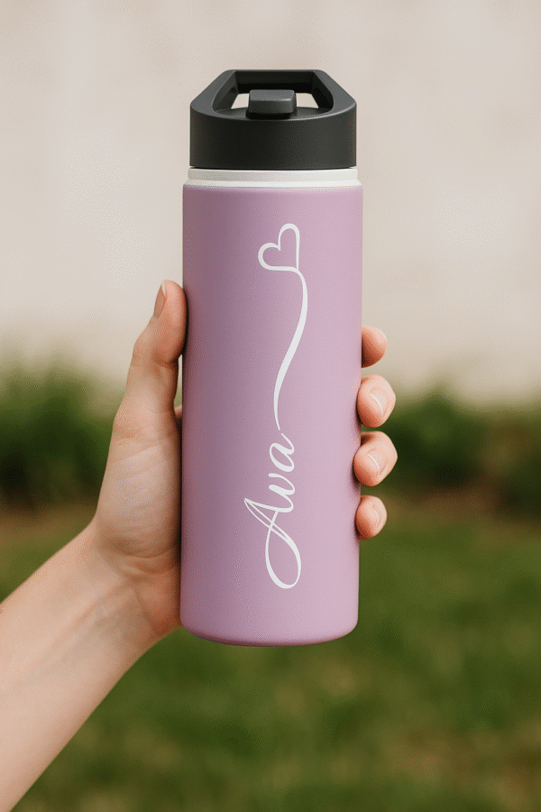 18oz Lavender Personalized Bottle – Name with Heart Design in White - Image 8