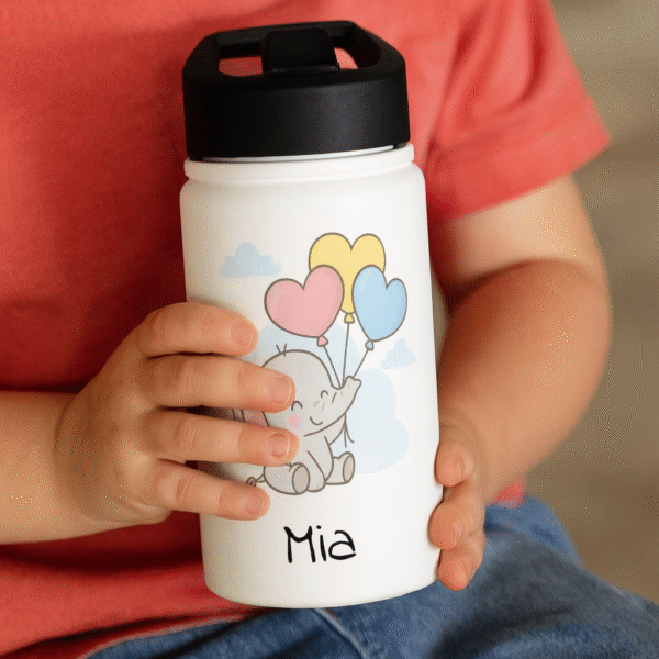 12 oz Custom Kids Bottle – Baby Elephant with Balloons Design - Image 8
