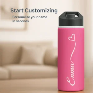 18oz Pink Personalized Water Bottle – Name with Heart Design