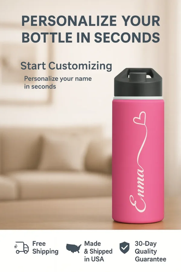 18oz Pink Personalized Water Bottle – Name with Heart Design