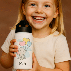 12 oz Custom Kids Bottle – Baby Elephant with Balloons Design