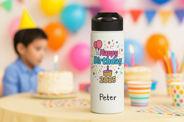 18oz Personalized Birthday Bottle – “Happy Birthday 2025” Confetti Design with Cake & Balloons - Image 4