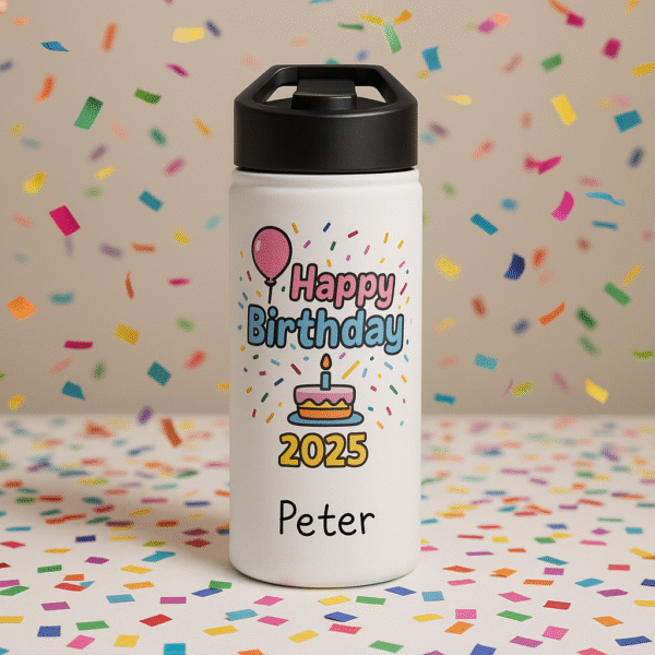 18oz Personalized Birthday Bottle – “Happy Birthday 2025” Confetti Design with Cake & Balloons - Image 6