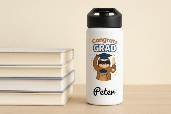 18oz Matte Bottle – Graduation Celebration Design with Cool Sloth & Custom Name - Image 4
