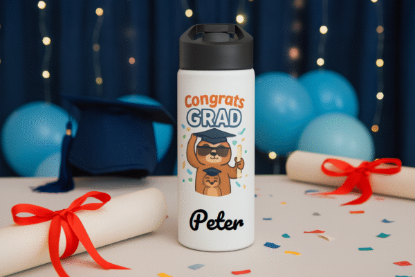 18oz Matte Bottle – Graduation Celebration Design with Cool Sloth & Custom Name - Image 5
