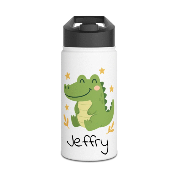 Personalized kids water bottle with cute crocodile design and the name Jeffry on white background.