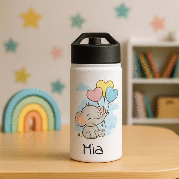 Personalized kids' water bottle with cute elephant and heart balloons design, placed in a cozy children's room setting.
