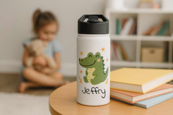 Personalized kids stainless steel bottle with cute crocodile design and the name Jeffry, placed on a desk in a cozy children's room.